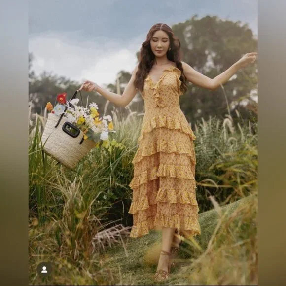 ❌❌SOLD❌❌450 MAJE Printed Cotton Voile Dress With Ruffles Orange | Womens Dresses - Picture 2 of 11